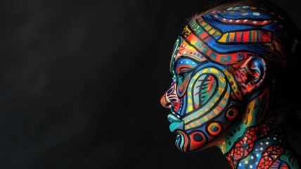 Vibrant Artistic Face Paint on Woman's Profile Against Black Background in Studio Lighting