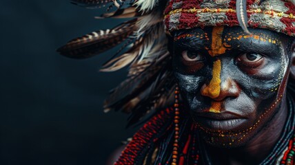 Fototapeta premium Close-Up Portrait of Indigenous Man with Traditional Face Paint and Feathered Headdress
