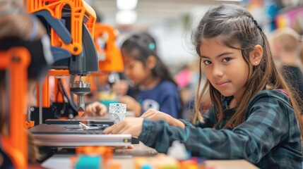 Young girl focused on a 3D printing project in a classroom, surrounded by fellow students and creative learning materials.
