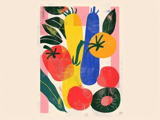 Colorful risograph-style poster featuring abstract vegetables. Bold red, yellow, blue, and green shapes create a vibrant folk art design with a playful, modern aesthetic. Perfect for decorative use.