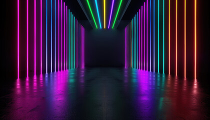 A long hallway with neon lights in a dark room