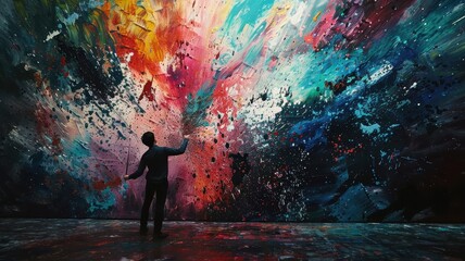 Fototapeta premium Man Standing in Front of Vibrant Abstract Art Installation in Modern Gallery