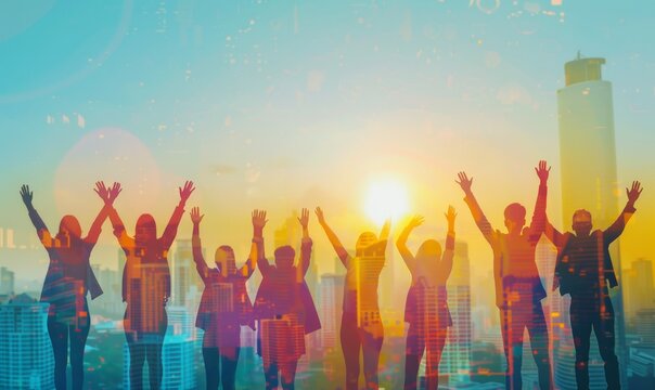 Happy people with their arms in the air, silhouettes raised up different hands. Colored silhouette profiles. Raised hands blessing praying worship, Hope, freedom, Diverse, Faith, Praise