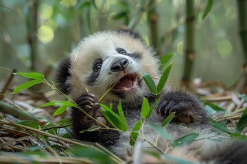 Obraz premium A playful panda cub rolling on its back in a lush bamboo forest, holding a bamboo shoot in its mouth. Background: green bamboo stalks and leaves