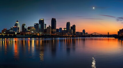 Obraz premium skyscrapers buildings illuminated against a vibrant sky, reflecting in River below. growing metropolitan center