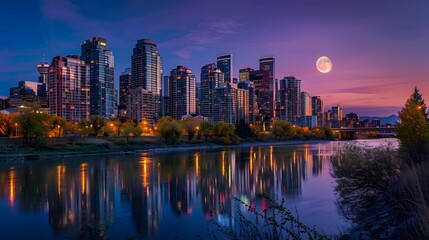 Obraz premium skyscrapers buildings illuminated against a vibrant sky, reflecting in River below. growing metropolitan center