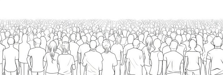 Naklejka premium Diverse crowd of people: kids, teens, adults and seniors - seamless banner of hand drawn faces of various age groups and ethnicities.