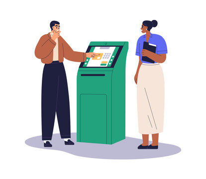 Client at ATM self-service banking machine. Customer, assistant at automated teller machine. Help, assistance with terminal from finance worker. Flat vector illustration isolated on white background