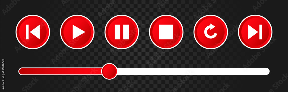 Poster music and video player interface button set. media app ui icon. play start repeat next red color. ve