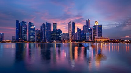 Fototapeta premium skyscrapers buildings illuminated against a vibrant sky, reflecting in River below. growing metropolitan center