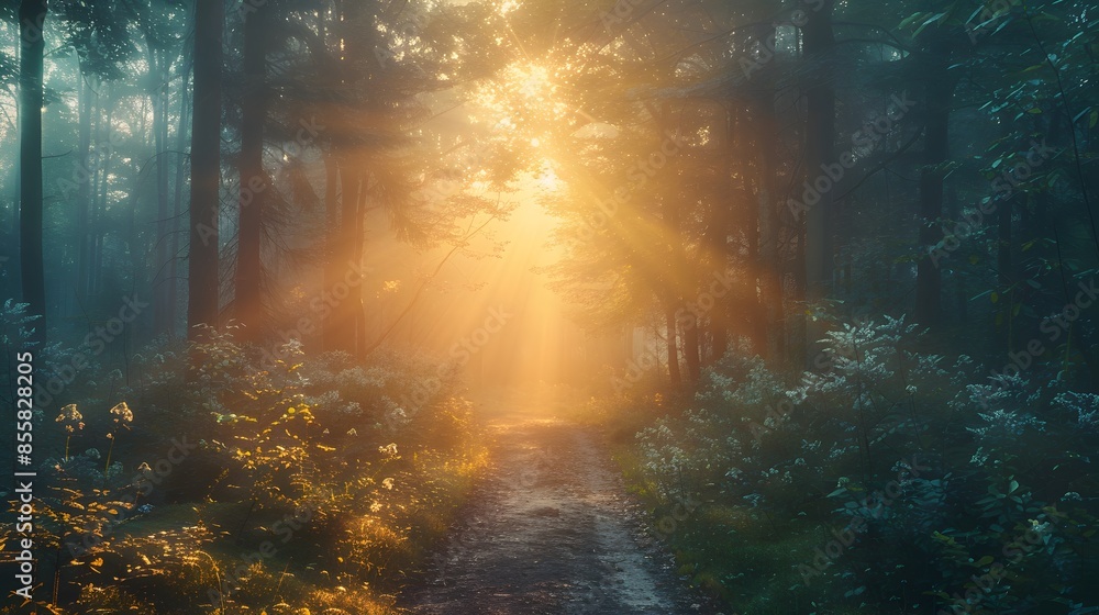 Poster emerging from misty forest path into sunlit clearing symbolizing new journey s beginning