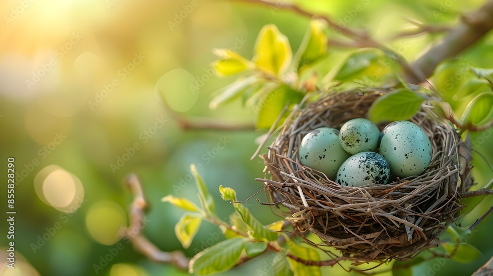 Poster newly constructed bird s nest with eggs nested on tree branch symbolizing home and new beginnings