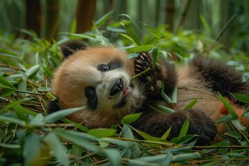 Fototapeta premium A playful panda cub rolling on its back in a lush bamboo forest, holding a bamboo shoot in its mouth. Background: green bamboo stalks and leaves