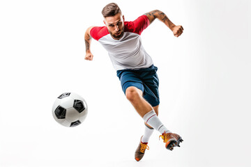 Dynamic Football Player Isolated in Action on copy space White Background. Football Player in Motion, Athletic Football Star, Isolated Footballer, Energetic Pose Against Clean White Background