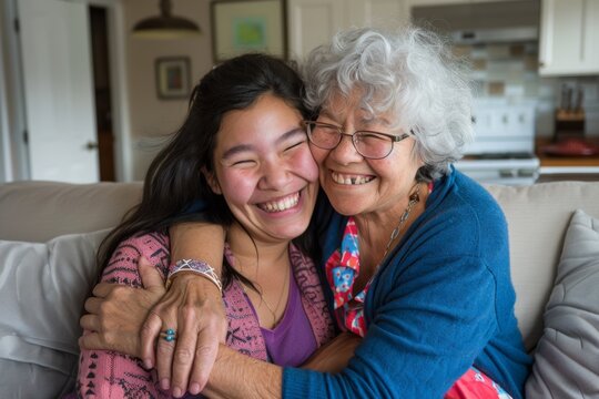 An affectionate embrace between a young woman and her grandmother, representing family love. Older woman and younger adult smiling, sitting on the couch together.