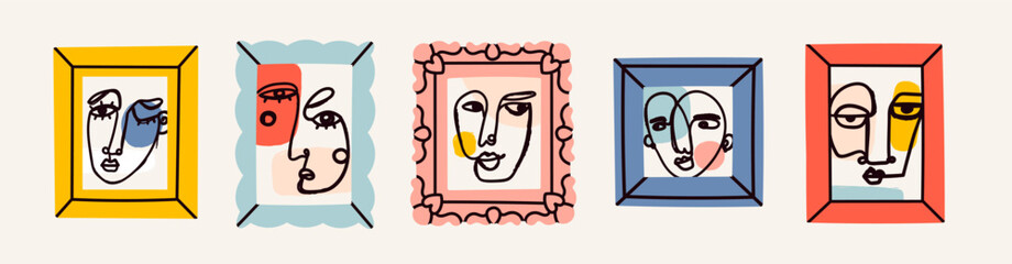 Various abstract Faces in frames. Ink painting style. Contemporary hand drawn modern Vector illustration. Continuous line, minimalistic elegant concept. Isolated design elements