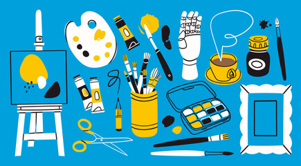 Various art tools, supplies, equipment. Mannequins hand, easel, canvas, scissors, ink, brush kit, pencil, paint palettes, oil tube, watercolor paint. Hand drawn Vector illustration. Isolated elements © Dariia