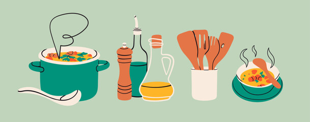 Soup in pan, kitchen utensils, pepper grinder, oil, vinegar, hot dish in bowl or plate. Delicious vegetarian food concept. Hand drawn Vector illustration. Isolated design elements