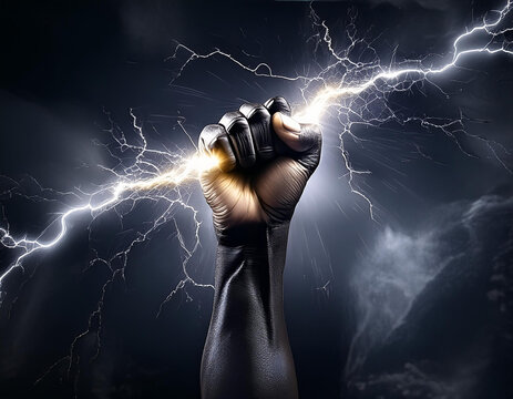 Hand holding up a lightning bolt. Energy and power. Stormy background. Blue glow. Zeus, thor