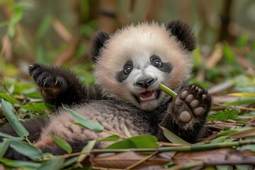 Obraz premium A playful panda cub rolling on its back in a lush bamboo forest, holding a bamboo shoot in its mouth. Background: green bamboo stalks and leaves