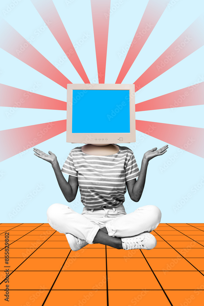 Fototapete collage image caricature of funny person with computer instead face listen fake news isolated on dra