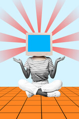 Collage image caricature of funny person with computer instead face listen fake news isolated on...
