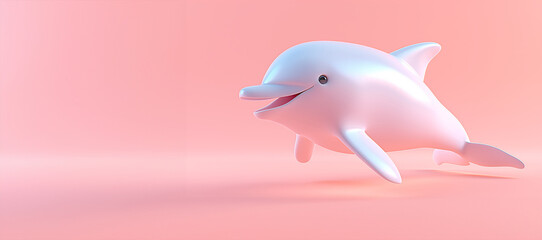 A cartoon dolphin is swimming in a pink background. The dolphin is smiling and he is happy