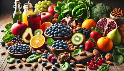Assorted Antioxidant-Rich Foods on Wooden Table, Created with Generative AI Technology