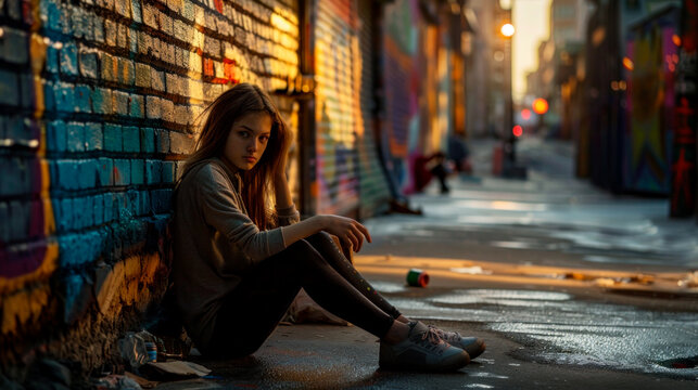 Neglected Caucasian teen girl, possibly a drug addict, sitting on the pavement
