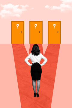 Trend artwork sketch image photo collage of vacancy candidate new job work worker young woman stand three closed door choose best way road