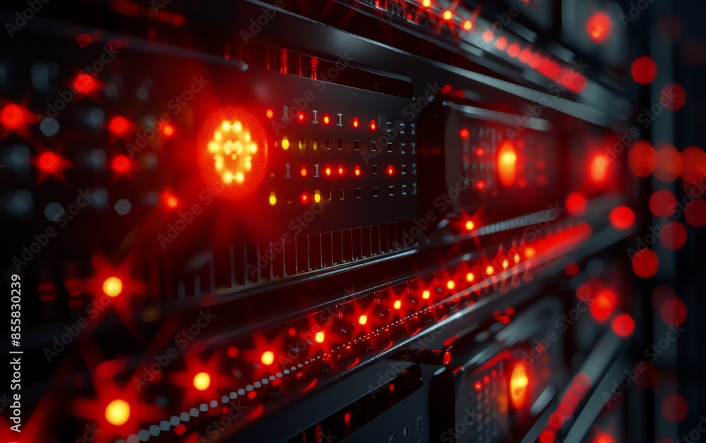 Poster a closeup view of a server rack with glowing red led lights in a dark data center, symbolizing netwo