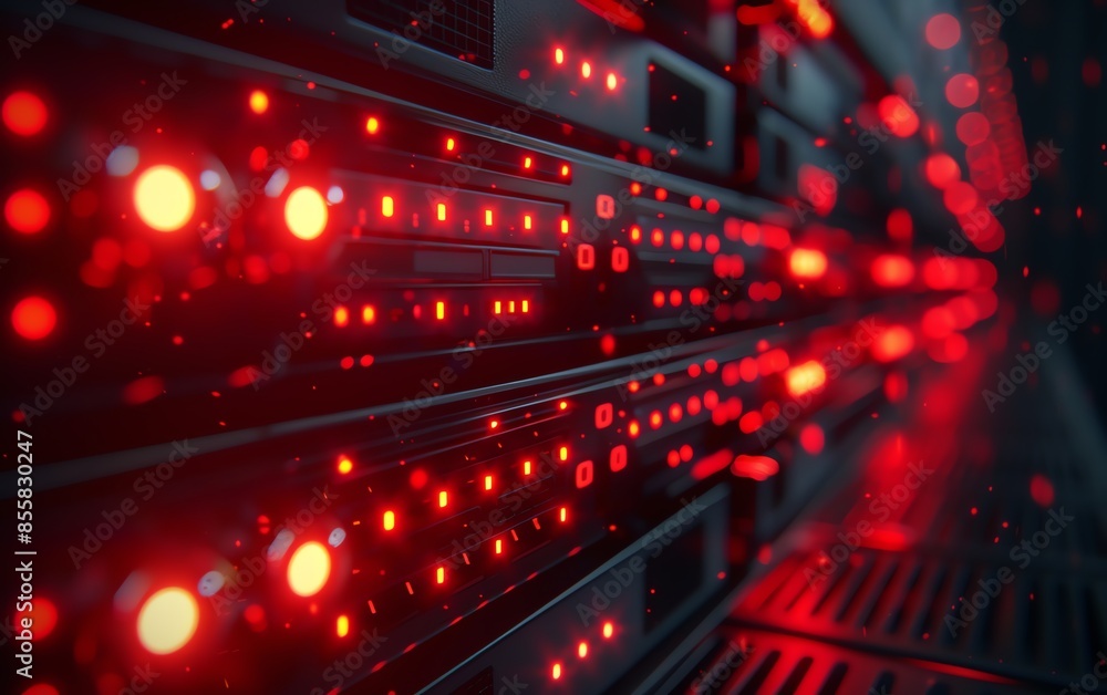 Poster a closeup view of a server rack with glowing red led lights in a dark data center, symbolizing netwo