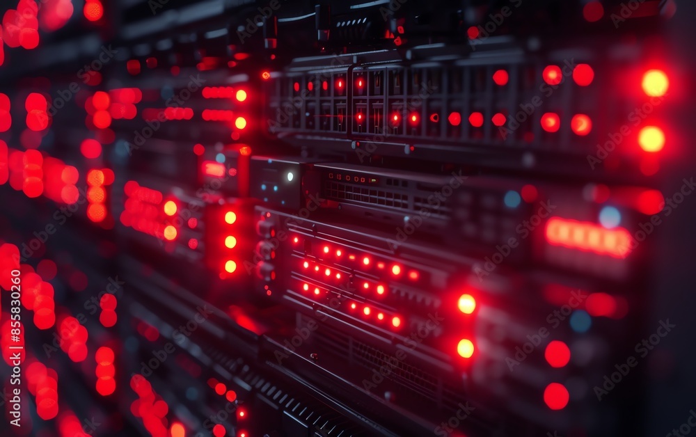 Poster a closeup view of a server rack with glowing red led lights in a dark data center, symbolizing netwo