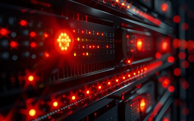 A closeup view of a server rack with glowing red LED lights in a dark data center, symbolizing network infrastructure and technology