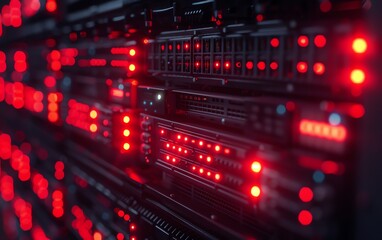 A closeup view of a server rack with glowing red LED lights in a dark data center, symbolizing network infrastructure and technology