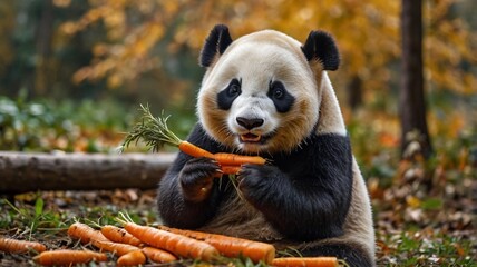 Obraz premium A panda eating carrots against a forest background in autumn