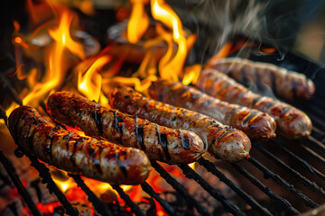 Sizzling sausages on a bbq grill with fiery flames, perfect for summer parties. Juicy, roasted, and mouthwatering against the charcoal backdrop