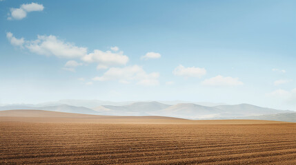 Fototapeta premium A vast empty field of brown soil stretches to the horizon with distant mountains and a clear blue sky