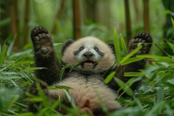 A playful panda cub rolling on its back in a lush bamboo forest, holding a bamboo shoot in its mouth. Background: green bamboo stalks and leaves