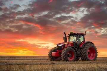 Fototapeta premium large red tractor in a field at sunset, symbolizing modern agricultural machinery and its role in efficient farming practices.