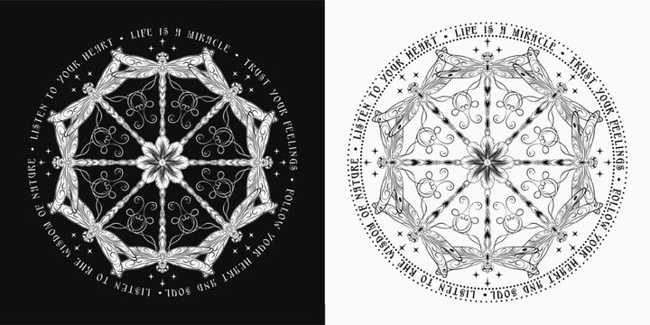 Circular ornament like mandala with chamomile flower, fantasy dragonfly with curled antennae in Art Nouveau style. Text with inspirational short phrases. Vintage style.