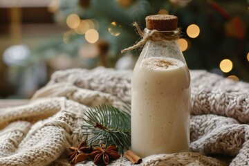 Homemade egg liqueur in a glass bottles Christmas atmosphere.
