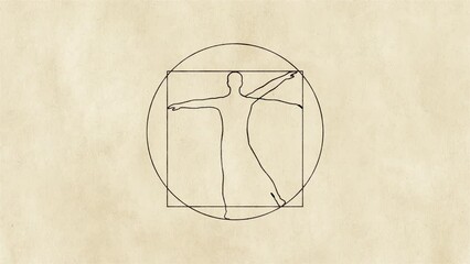 Stylized Vitruvian Man Line Animation ink drawing over old paper evolution wellness perfection concept design 4k 60fps