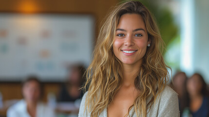 Obraz premium a smiling businesswoman is standing with a boardroom in background.