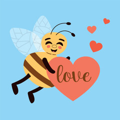 Cute happy bee with heart. Emotion Kids Illustration. Flat style