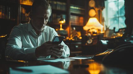 Businessman using a mobile phone for online work at his office table.