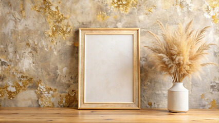 A picture frame on a wooden table next to a vase of dried flowers