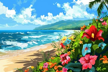 A cluster of vibrant, tropical flowers blooming along the edge of a sunny beach in Hawaii. Illustration --ar 3:2 --style raw Job ID: beb71d53-c6c3-4a61-a07b-ba84efd23708