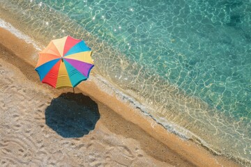Naklejka premium A colorful parasol stands out against the warm golden sand of a sunny Greek beach, casting a beautiful shadow. The illustration is full of vibrant colors and textures, evoking a sense of summer fun.