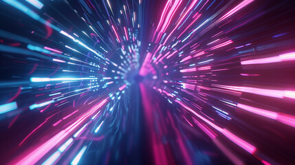 Naklejka premium Luminous radial speed lines in neon blue and pink, creating a futuristic media advertising background